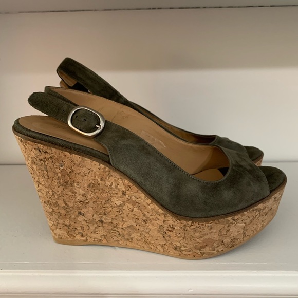 Shoe Box Loden /Olive Suede Open Toe Wedge 38 - Picture 1 of 8